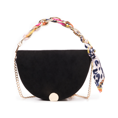 Borsa a mano nera in microfibra con manico foulard in raso,