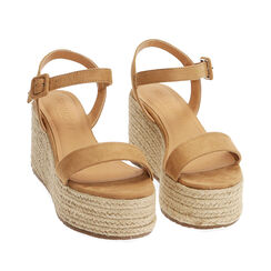 Sandali cognac in microfibra, zeppa 8,5 cm , 194936101MFCOGN038, 002a
