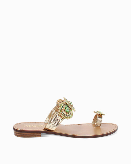 Sandali bassi donna oro con pietre verdi in laminato, MULTI COLOR