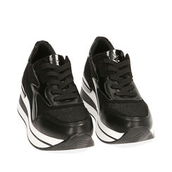 Sneakers nere in tessuto, zeppa 6 cm , Primadonna, 202802190TSNERO035, 002a