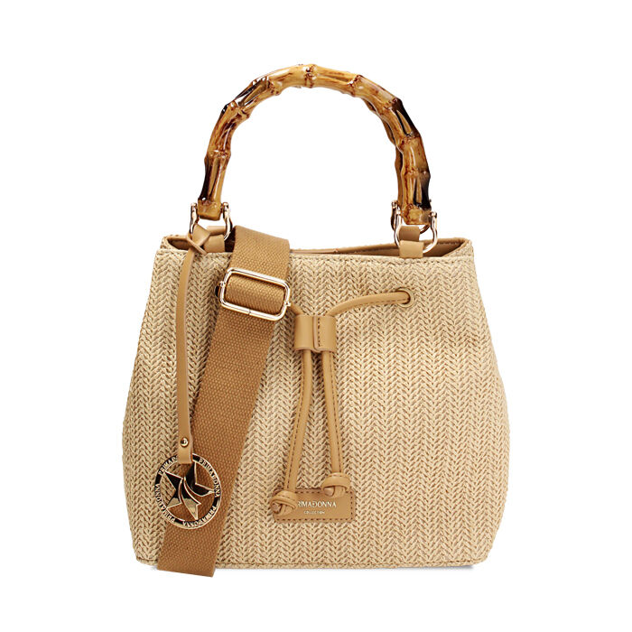 Borsa a mano donna beige in raffia con manico in osso, Primadonna, 255700534RFBEIGUNI