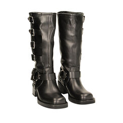 Botas biker negras con hebillas negras  de cuero, Primadonna, 22A507775PENERO035, 002a