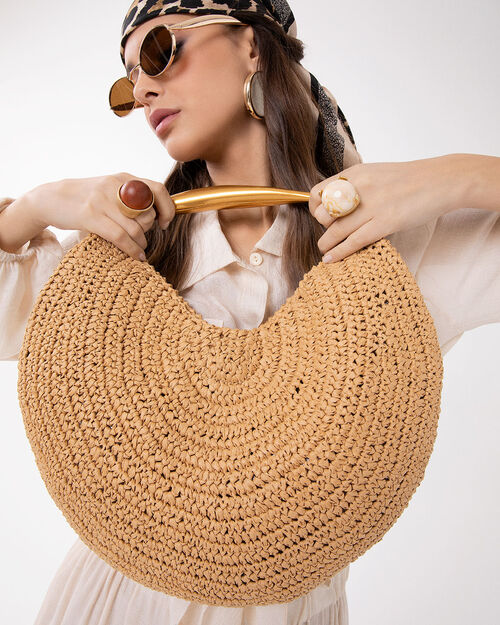 Borsa circolare in rafia beige, BEIGE