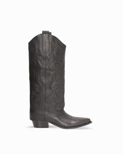 Stivali texani neri in pelle lavata con tacco di 4,5 cm, BLACK