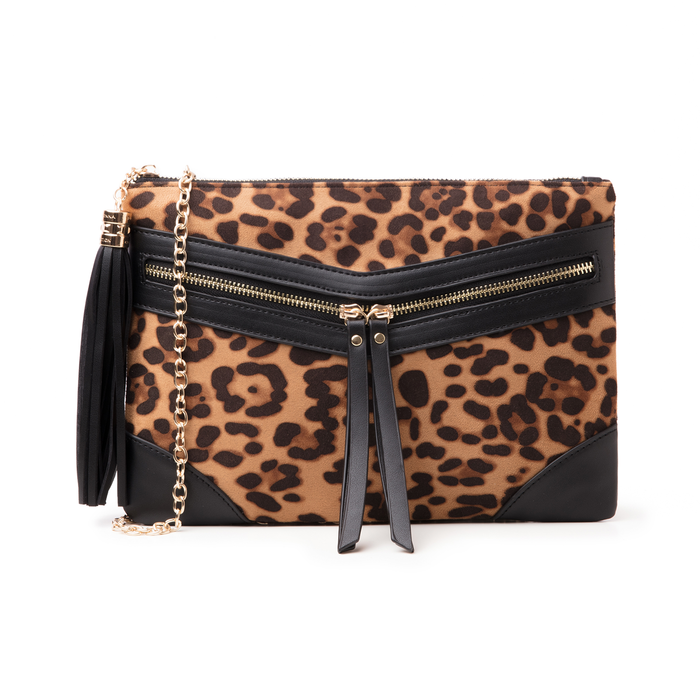 Pochette leopard-marrone in microfibra, Borse, 145122216MFLEMAUNI