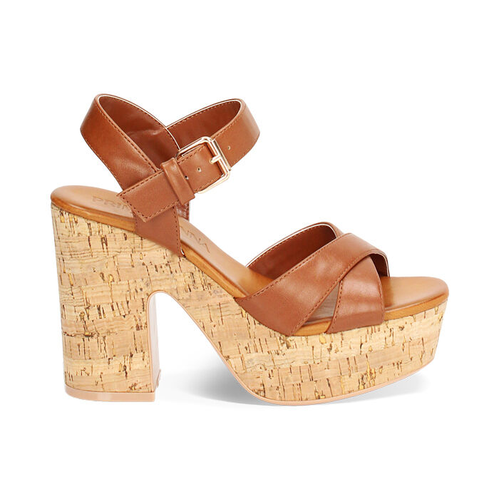 Sandalo donna con plateau in sughero cognac, Primadonna, 254934301EPCOGN035