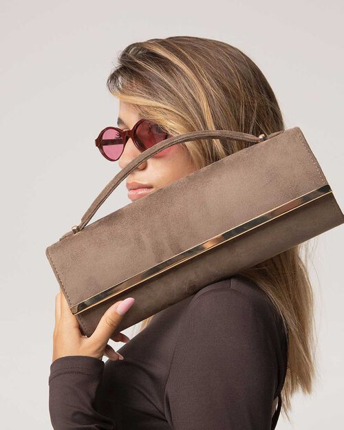 Pochette taupe con detalle dorado, TAUPE