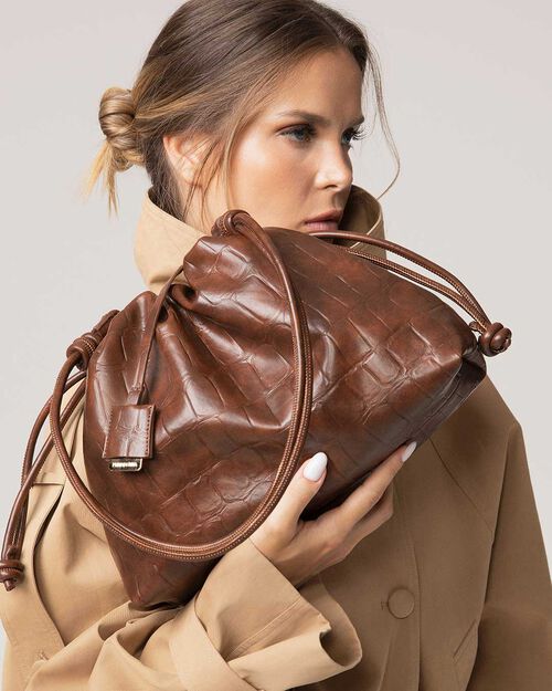 Borsa a mano cognac con texture cocco, COGNAC