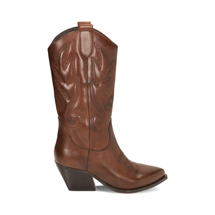 Stivali texani marroni in pelle, tacco 7,4 cm, Primadonna, 22B805002PEMARR036