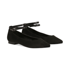 Ballerine a punta nere in microfibra con cinturino alla caviglia, 