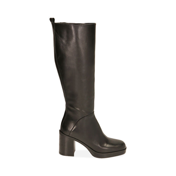 Botas de piel elástica negra, tacón de 8 cm., Primadonna, 20L680815PENERO035