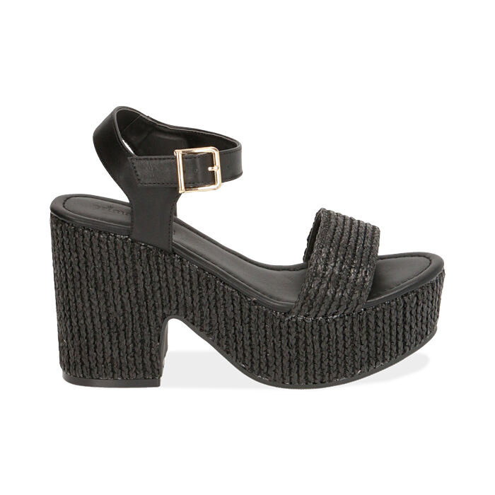 Sandalias de rafia negra, tacón-cuña 10,5 cm | Primadonna Collection