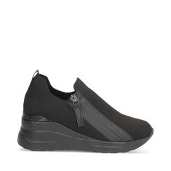 Slip on nere in tessuti con plateau di 7 cm, Primadonna, 262850901TSNERO035, 001a
