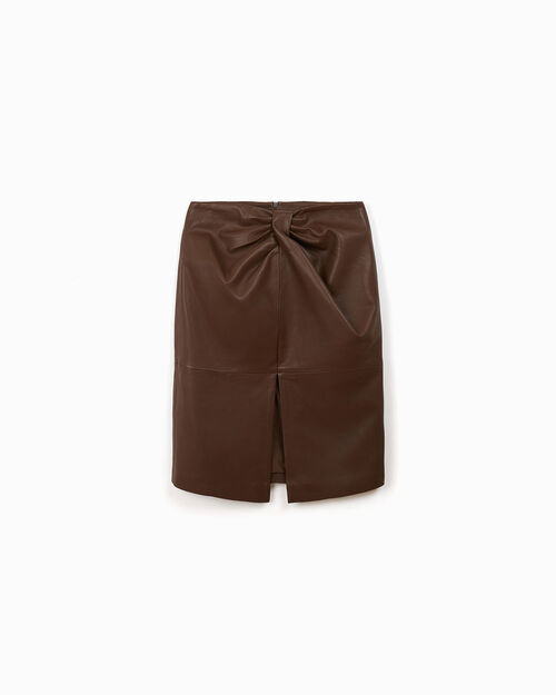Jupe marron en polyur&eacute;thane avec d&eacute;tails &eacute;l&eacute;gants, BROWN