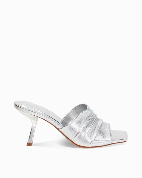 Mules open toe donna argento in laminato, tacco 7,5 cm, SILVER