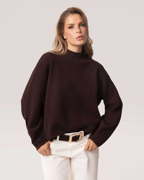 Pull marron fonc&eacute; col montant femme, DK BROWN