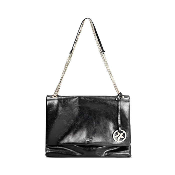 Borsa a spalla nera lucida con tracolla a catena, Primadonna, 265700583EUNEROUNI