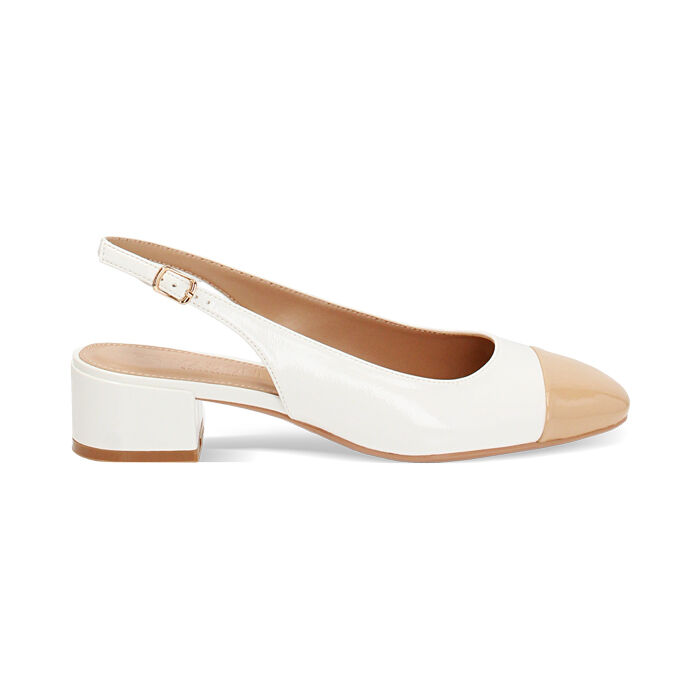 D&eacute;collet&eacute; slingback donna bianche-camel basse in vernice, tacco 4 cm, Primadonna, 254962707VEBICA035