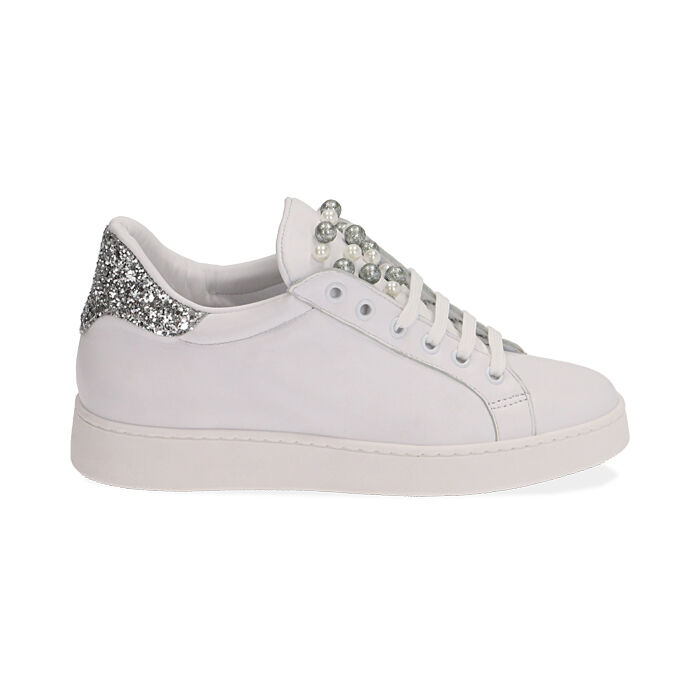 Sneakers bianche in pelle con glitter argento , SPECIAL SALE, 17L600400PEBIAR035