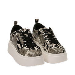 Sneakers bianco/nere stampa pitone, zeppa 6,50 cm, Primadonna, 167505101PTBINE035, 002a