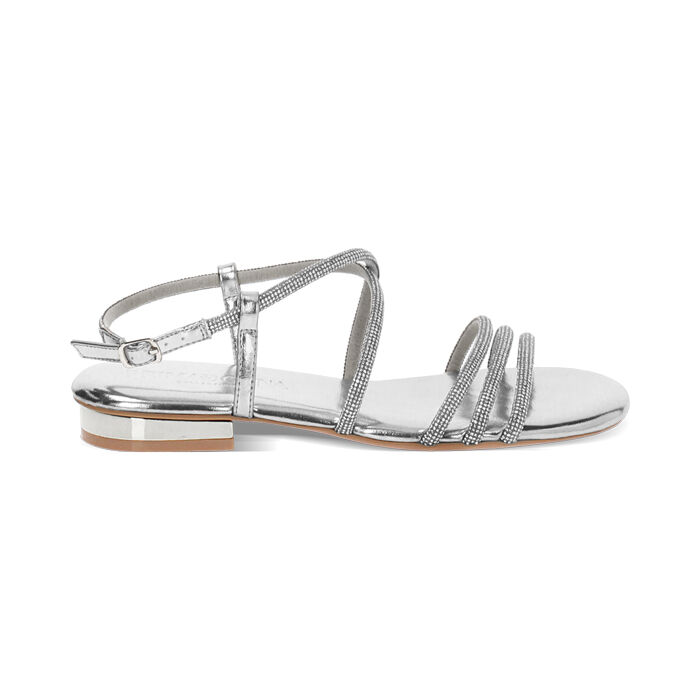 Sandales plates argent laminé avec pierres pour femmes, Primadonna, 254909961LPARGE035