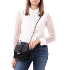 Borsa nera in microfibra con dettagli vipera, 