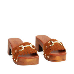 Zoccoli da donna con morsetto color cognac, in camoscio, Primadonna, 254990301CMCOGN035, 002a