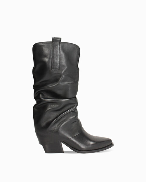 Bota cowboy negra de piel tac&oacute;n 7 cm, BLACK