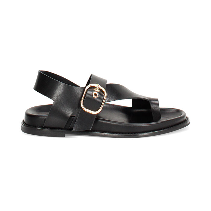 Sandalias planas mujer negras de piel, Primadonna, 25N151014PENERO036