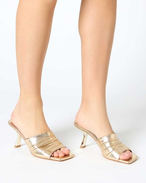 Mules open toe donna oro in laminato, tacco 7,5 cm, GOLD