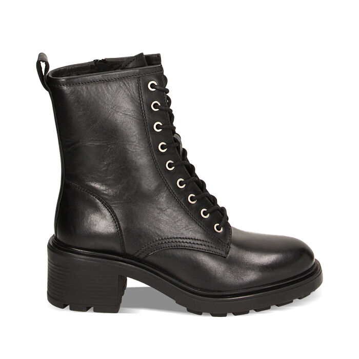 Anfibi neri in pelle, tacco 5,5cm, Primadonna, 22N576802PENERO035
