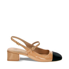 Décolleté slingback beige-nere in naplack, tacco 5 cm, 234907931NPBENE040, 001a
