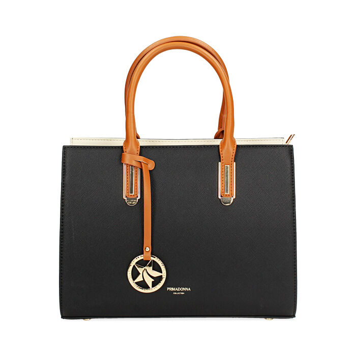Borsa a mano donna nera con manici cognac, Primadonna, 255701050EPNEROUNI