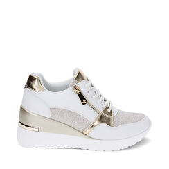 Sneakers bianco/oro, zeppa 7 cm, Primadonna, 237516531EPBIOR036, 001a