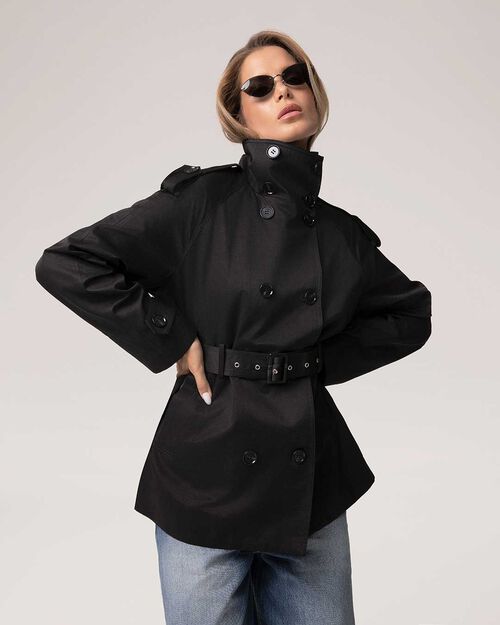 Trench nero doppio petto con cintura, BLACK
