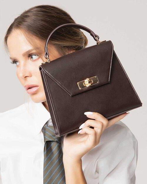 Dark brown mini bag with gold closure, DK BROWN