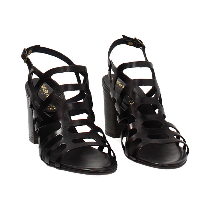 Sandalo donna nero in vacchetta, tacco largo 7,5 cm