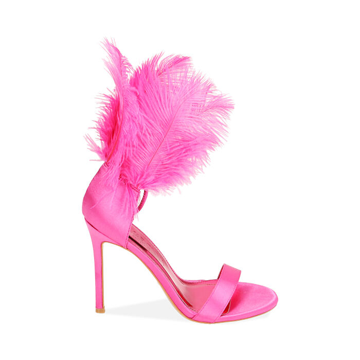 Sandali fucsia in raso con piume, tacco 10,5 cm, Primadonna, 212163133RSFUCS038