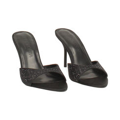 Mules open toe nere in raso con pietre, tacco 9 cm, Primadonna, 265815807RPNENE035, 003 preview