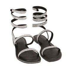 Sandalias planas negras de microfibra con piedras, Primadonna, 234986601MPNERO037, 002a