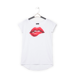T-shirt bianca in tessuto con stampa labbra rosse,