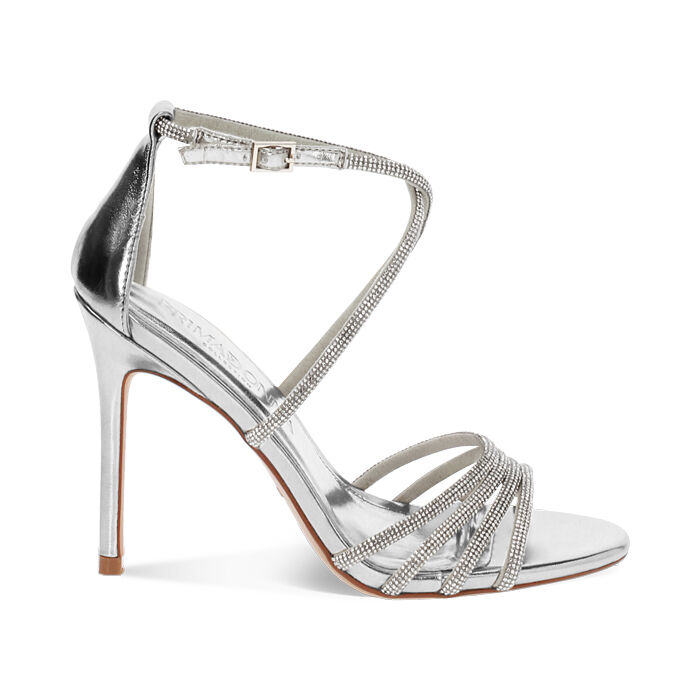 Sandalo donna argentato con strass, tacco 10,5 cm, Primadonna, 252140317LPARGE041