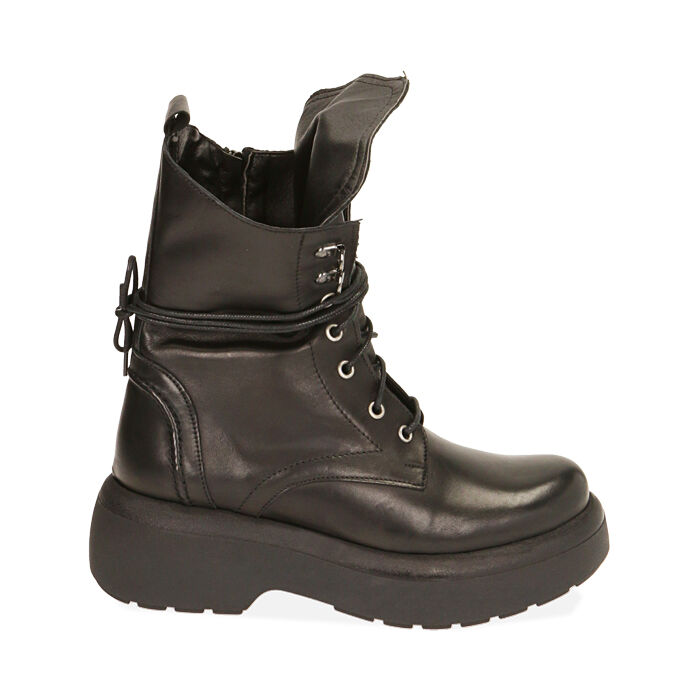 Botas militares de cuero negro, tacón de 6 cm., Primadonna, 20L620021PENERO035