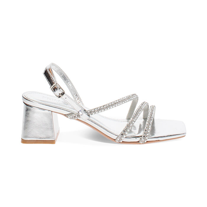 Sandalo donna argento con pietre, tacco largo 5,5 cm, Primadonna, 254941776LPARGE035