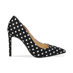 Décolleté nere in raso a pois bianchi, tacco 10,5 cm,