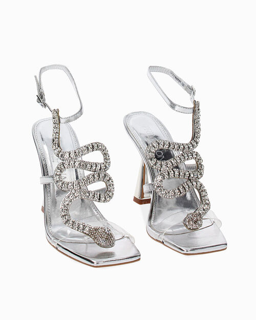 Sandali argento in laminato e pietre, tacco 8,5 cm, SILVER