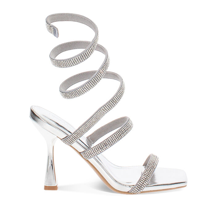 Sandali donna argento in laminato con pietre, tacco 9,5 cm, Primadonna, 254912938LPARGE035