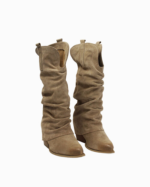 Stivali texani in camoscio taupe con tacco 6 cm, BEIGE