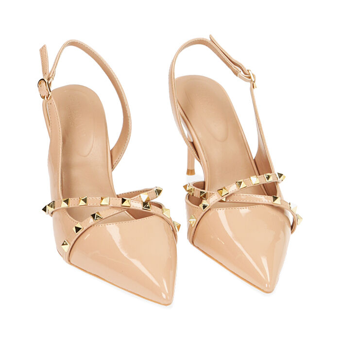 Decollete donna slingback borchiate nude in vernice tacco 8 cm Primadonna Collection
