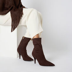 Bottines en microfibre brun foncé avec talon de 9 cm, Primadonna, 262744605MFMORO035, 002a